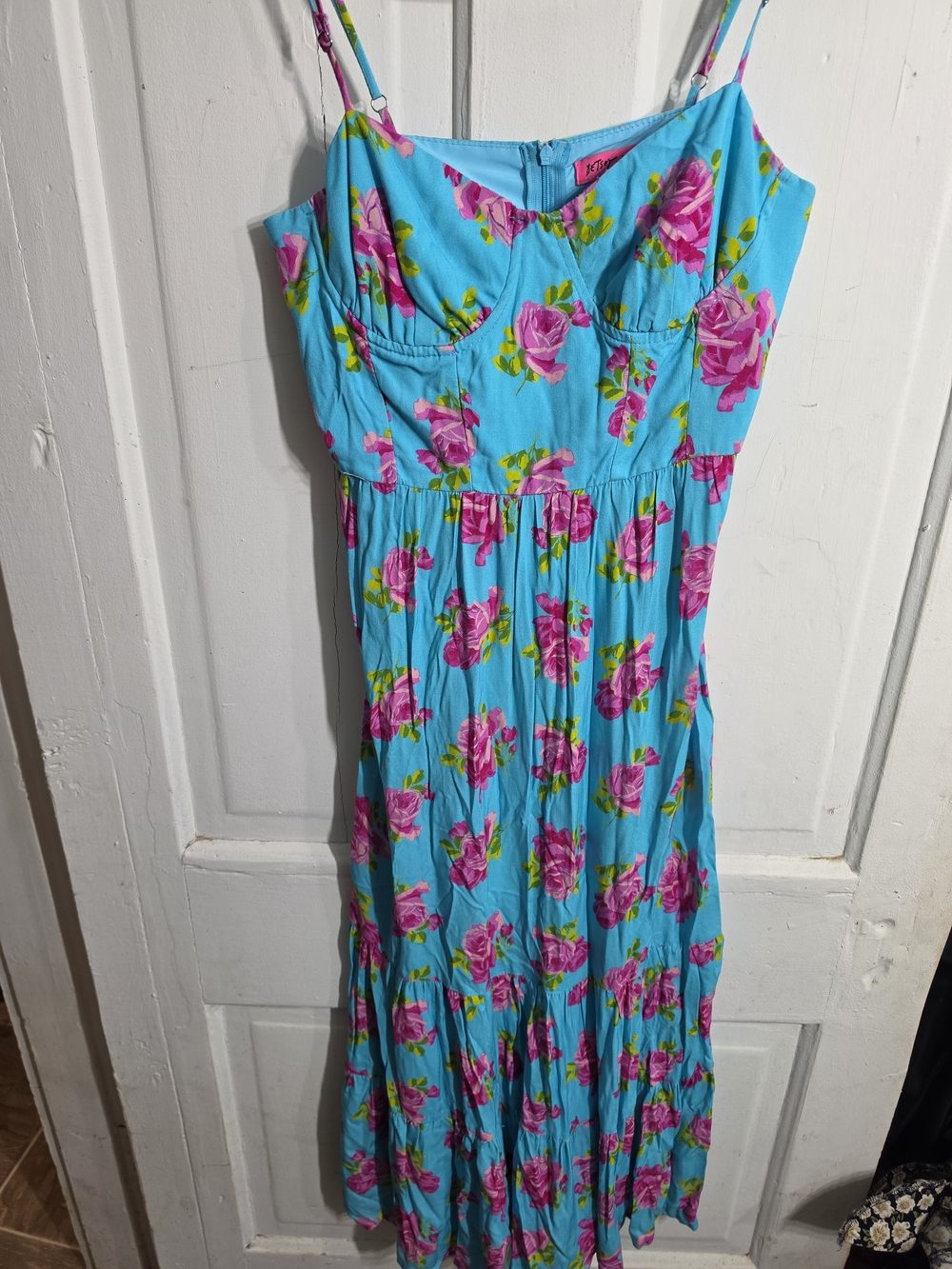 Betsey Johnson Turquoise Midi Dress with Pink Rose Print